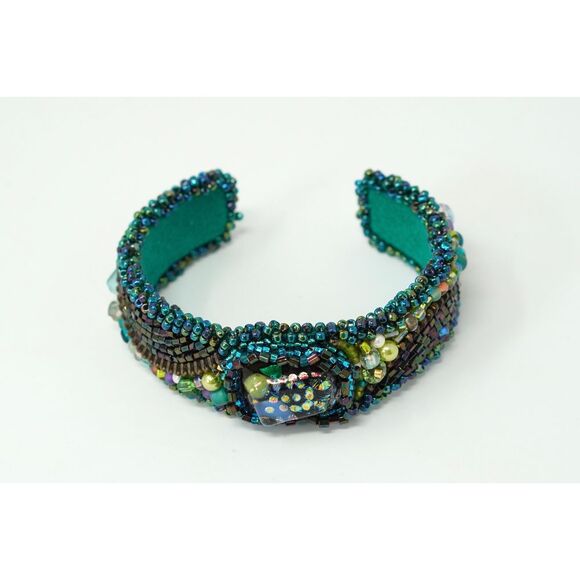 Beaded Cuff Bracelet Dichroic Glass Center Crystal Gems Zipper Hand‎ Made - Picture 2 of 9